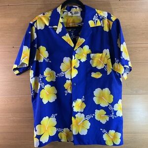 Hilo Hattie Men’s Large Vibrant Blue and Yellow Floral Hawaiian Shirt